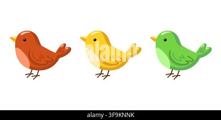 Set of three colorful birds in orange, yellow and green. Cartoon vector illustration on white background. v Stock Vector