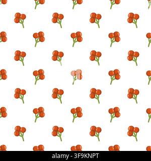 Seamless pattern with red berry clusters on green stems. Simple autumn botanical print on white background.  Stock Vector