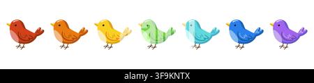 Set of seven colorful birds in rainbow color variations. Cartoon vector illustration on white background.  Stock Vector