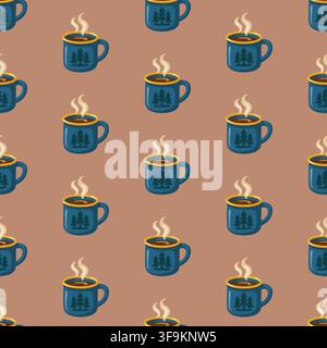 Seamless pattern with steaming blue camping mugs on brown background. Cozy woodland beverage print.  Stock Vector