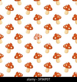 Seamless pattern with red spotted fly agaric mushrooms on white background. Cute autumn woodland print.  Stock Vector