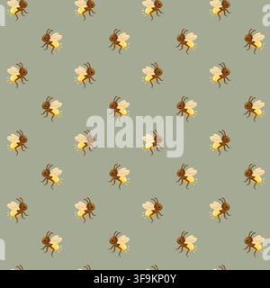 Seamless pattern with glowing fireflies on muted green background. Cute summer woodland insect print Stock Vector