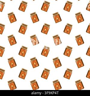Seamless pattern with orange matchboxes and matches on white background. Cartoon camping fire print.  Stock Vector