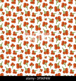 Seamless pattern with red berry clusters and green stems. Dense autumn botanical print on white background.  Stock Vector