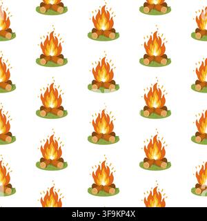 Seamless pattern with burning campfires and wooden logs. Cartoon outdoor camping print on white background Stock Vector