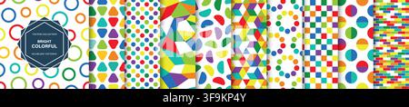Vector collection of bright colorful seamless patterns. Modern geometric multicolor background templates set with creative abstract repeat textures Stock Vector