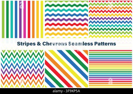 Vector collection of stripes, zigzag and chevrons seamless patterns. Geometric multicolor background templates set with creative abstract bright wave Stock Vector