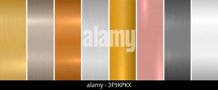 Colorful brushed metal texture collection. Polished stainless steel and metallic sheet backgrounds in elegant gradients for modern industrial, luxury Stock Vector
