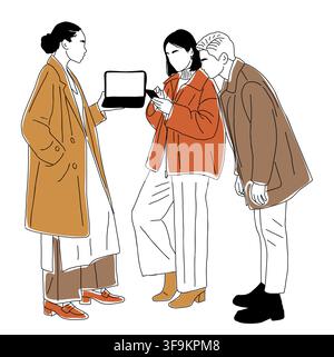 Three figures stand in a minimalist line Stock Vector