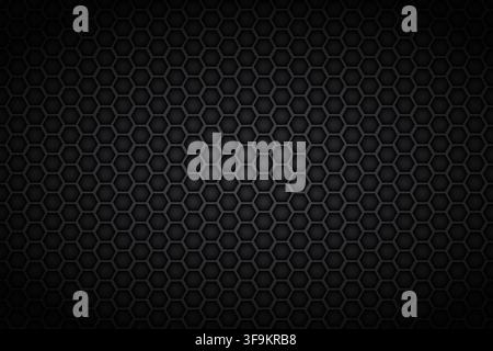 Black hexagonal metal honeycomb texture. Dark futuristic science and technology background with geometric pattern. Metallic steel surface for Stock Vector