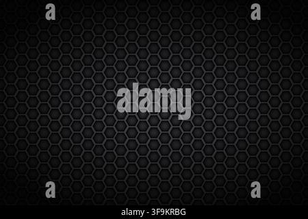 Black hexagonal metal honeycomb texture. Dark futuristic science and technology background with geometric pattern. Metallic steel surface for Stock Vector