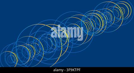 A blue abstract background showcases interconnected, 3D diagonally aligned blue and golden yellow circles, forming a dynamic geometric pattern. The re Stock Vector