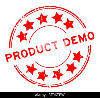Grunge red product demo word with star icon round rubber seal stamp on white background Stock Vector