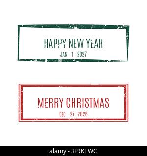 Set of vintage Christmas and New Year grunge stamp frames with distressed rubber texture. Perfect for greeting cards, holiday branding, gift packaging Stock Vector