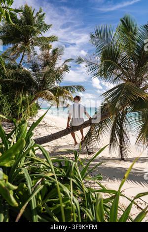 A man sits on a leaning palm tree along a tropical beach in Maldives Stock Photo
