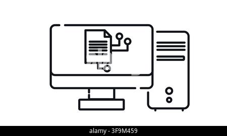 Desktop computer tower and monitor with AI circuit document symbol on screen vector icon. Black line art style on white background. Stock Vector