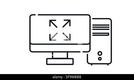Desktop computer tower and monitor with fullscreen symbol on screen vector icon. Black line art style on white background. Stock Vector
