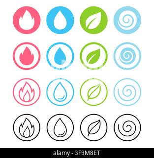 Four elements of nature symbols set. Water, fire, earth, air. 4 styles: line icon, solid silhouette, filled, black and white. Vector design elements. Stock Vector
