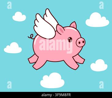 Cute cartoon flying piggy with wings. "When pigs fly" drawing. Vector clip art illustration. Stock Vector