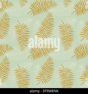 Seamless tropical vector pattern with golden yellow palm leaves silhouettes and white linear branches on a sage green background, ideal for wallpaper, Stock Vector