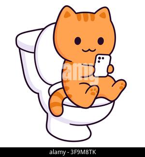 Cute cartoon cat character sitting on toilet with phone. Scrolling while pooping. Funny vector clip art illustration. Stock Vector