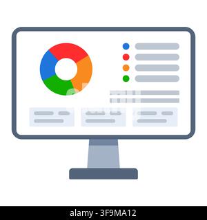 Desktop monitor displaying a multicolor donut chart with categorized data indicators, information panels Stock Vector