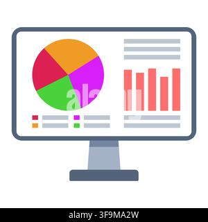 Computer monitor showing a colorful pie chart, vertical bar graph, and information panels for business analytics, statistical reporting Stock Vector