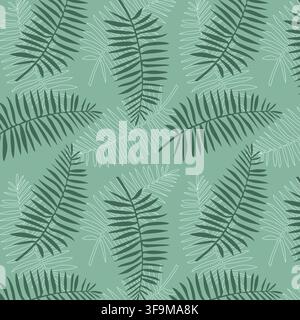 pattern featuring dark emerald palm leaves and thin white line art fronds on a soft sage green background, ideal for modern wallpaper, organic product Stock Vector
