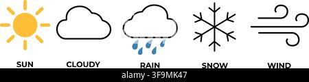 Weather Icons Set with Sun, Cloud, Rain, Snow and Wind Stock Vector