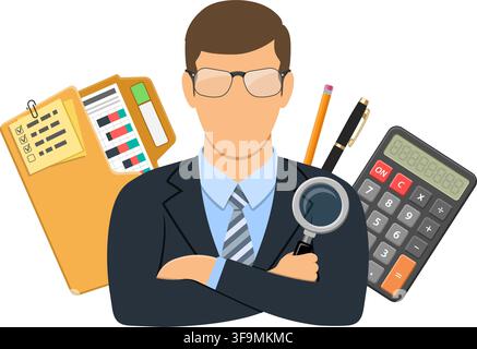 Auditing, Tax, Accounting Concept. Auditor Holds Magnifying Glass in Hand and Checks Financial Report with Charts, Calculator and folder. Flat Style I Stock Vector