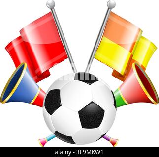 Soccer Banner with Soccer Ball, Flags and Vuvuzela in 3D Realistic Style. Can be used for web banners, flyer, poster and printing advertising. Vector Stock Vector