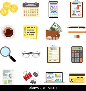Set Auditing, Tax process calculation, Accounting icons in flat style. Calculator, Magnifying Glass, financial reports, Tax form, laptop, smartphone a Stock Vector