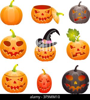 Big collection Halloween pumpkin Jack O'Lantern, on transparent background, vector illustration Stock Vector
