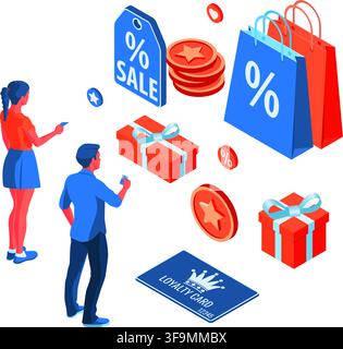 Landing page template with girl and man chooses gifts for bonuses from loyalty program. Customer loyalty programs as part of customer return marketing Stock Vector