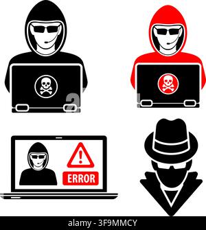 Logo computer hacker and spy set with laptop. cyber crime and internet security concept. flat style black icons hacker. isolated vector illustration Stock Vector