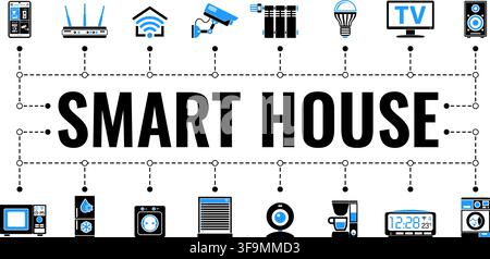 Smart House and internet of things horizontal banner with two color flat icons security, lighting, IoT, router, radiator. typography concept. isolated Stock Vector