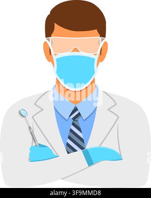 medical concept with dentist character and dental mirror flat icons. isolated vector illustration Stock Vector