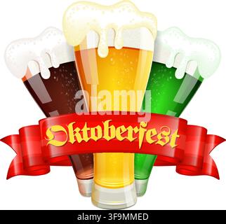 Oktoberfest Poster with Glasses of Beer and Red Ribbon, vector isolated on white background Stock Vector