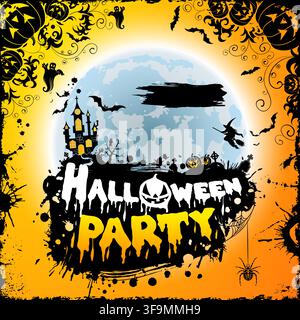 Happy Halloween Party Poster with Castle on Full Moon Background, Halloween Pumpkins and grunge frame. Vector illustration Stock Vector