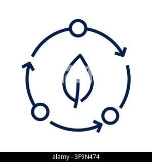 Vector illustration of a dark blue outline icon displaying a leaf inside a circular loop of arrows, ideal for eco-friendly, circular economy, and envi Stock Vector