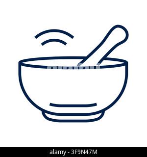 Dark blue line art vector illustration of a mortar and pestle bowl with aroma lines, symbolizing pharmacy, apothecary, herbal medicine, homeopathy, an Stock Vector