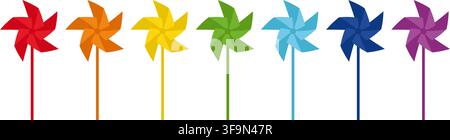 Rainbow pinwheel set colorful windmill toys collection bright spinning paper pinwheels in vivid palette playful summer decoration children toy symbols Stock Vector