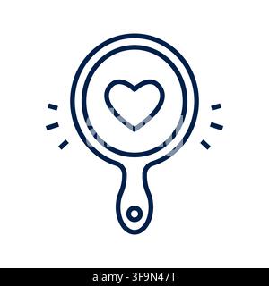 A clean dark blue line art vector icon depicting a hand mirror with a heart shape inside, symbolizing self-love, personal care, beauty routines, and p Stock Vector