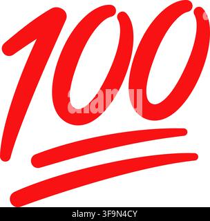 Red one hundred sign illustration handwritten 100 percent symbol social media reaction positive feedback approval emoji style graphic isolated modern Stock Vector