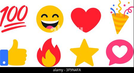 Social media reaction icon set with 100 sign, happy smiley, heart, party popper, thumbs up, fire, star and chat bubble illustration, colorful flat sym Stock Vector