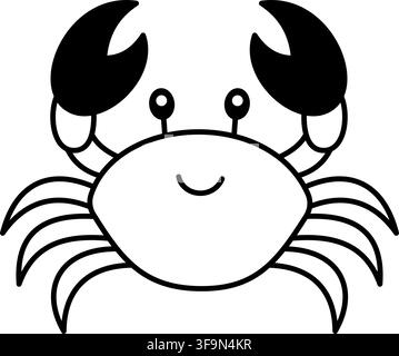 Cute black crab illustration, simple monochrome marine animal clipart, isolated smiling sea life character for sticker, logo, print, card and apparel Stock Vector