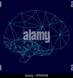 Brain low poly triangulation triangulated polygonal electric cyan blue vibrant aqua neon color vector illustration image outline contour line style Stock Vector