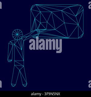 Teacher standing near blackboard low poly triangulation triangulated polygonal electric cyan blue vibrant aqua neon color vector illustration image Stock Vector