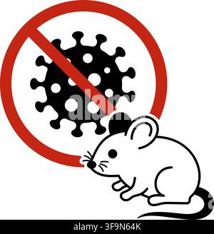 No hantavirus illustration, mouse with prohibited virus symbol for rodent borne disease prevention, pest control, contamination risk, hygiene safety Stock Vector