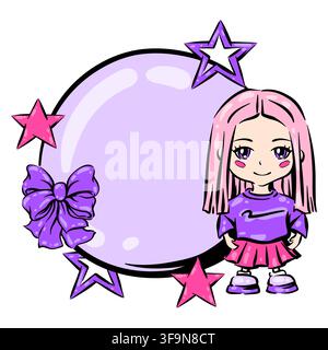 Anime kawaii girl with bow. Colorful cute print in cartoon style. Fashion illustration. Stock Vector